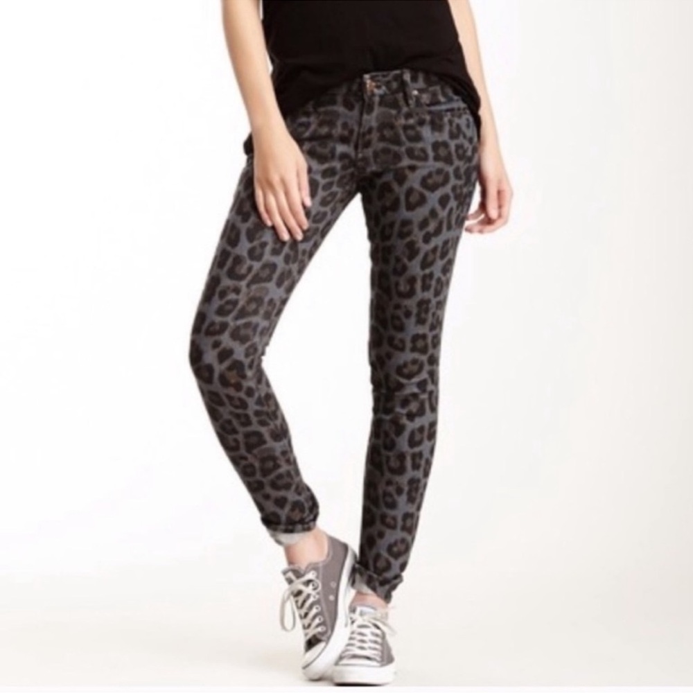 MOTHER The Looker In Paw Leopard Print Jeans Denim Gray Black Skinny